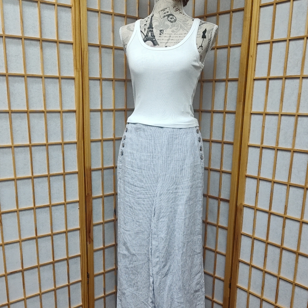 White And Blue Striped Crop Wide Leg Sailor LinenPant Size Small